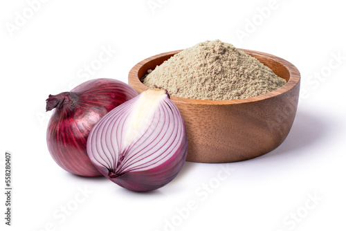 Red onion powder in wooden bowl and fresh onion isolated on white background. 