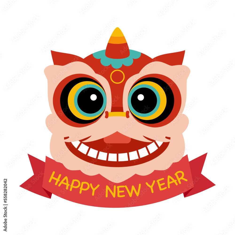 Happy Chinese New Year concept vector illustration. Chinese lion head in flat design on white background. Happy Chinese New Year concept vector illustration. Chinese lion head in flat design on white background.