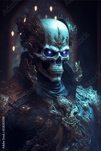 Skeleton ghost demon in a military uniform portrait. Fictional dead prince. Dracula. Generative AI