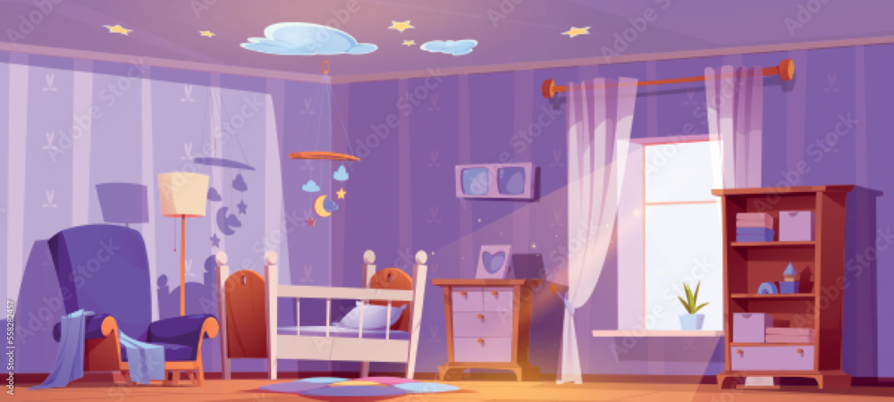 Nursery interior design with crib, toys and armchair. Cartoon vector ...