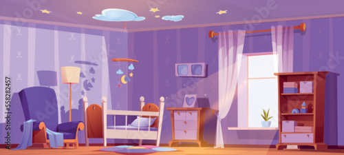 Nursery interior design with crib, toys and armchair. Cartoon vector illustration of baby room with bed, lamp, dresser, carpet on floor, photo frames on wall in purple color, morning light in window