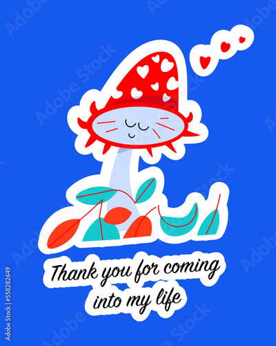 Love lettering. Cute romantic mushrooms with hearts for Valentine's Day card. Calligraphy cartoon composition for February 14th. Flat isolated vector illustration. Thank you for coming into my life. 