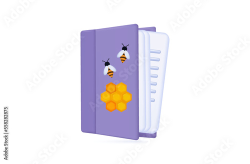 Book, guide about bees 3d. The study of honey insects, apiaries, the science of beekeeping. User manual, education, environment, insect life, bee. Paper book, page, magazine. Vector illustration.