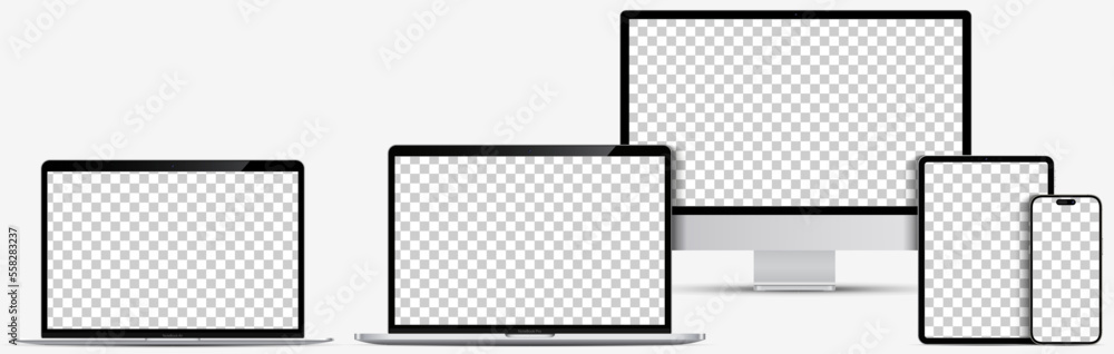 Set of  realistic device screen mockup. Smartphone, tablet, laptop and computer monitor, with blank screen for you design. Vector illustration 2022-2023 - obrazy, fototapety, plakaty 