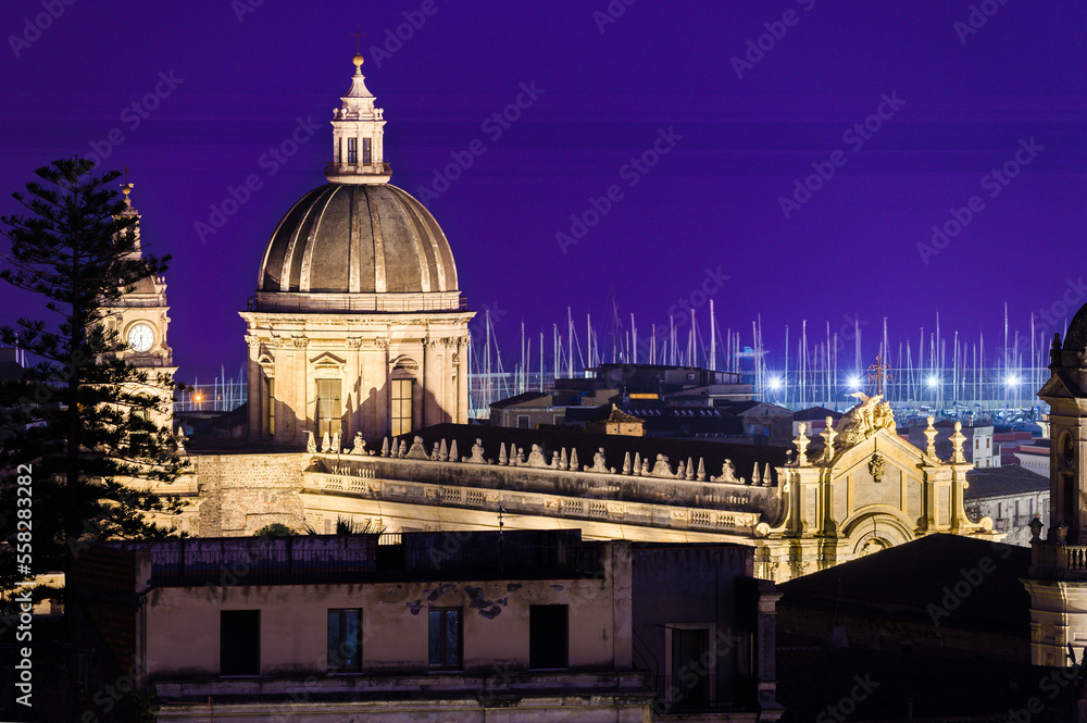 Aerial view of Sant Agata cathedral at night, a Baroque church in Catania, Sicily, Italy