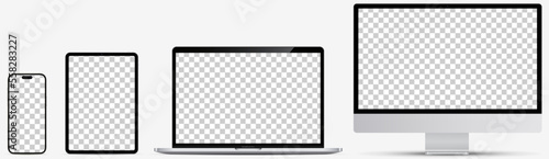 Set of  realistic device screen mockup. Smartphone, tablet, laptop and computer monitor, with blank screen for you design. Vector illustration 2022-2023