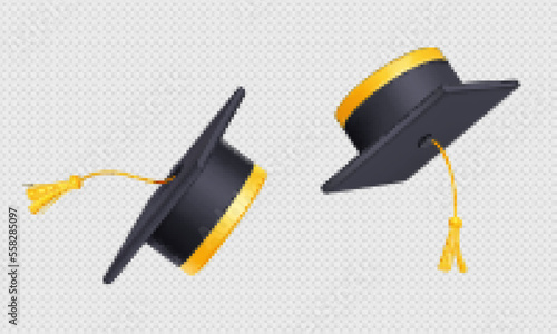 Throw up graduation caps in air. Flying black academic hats with yellow rope tassel isolated on transparent background, 3d vector illustration, angle view