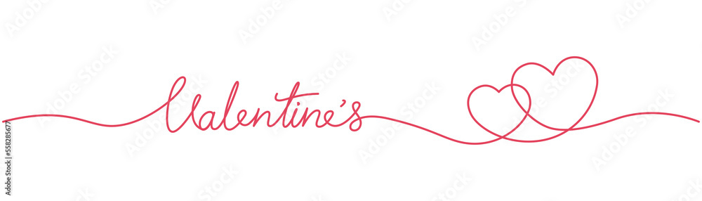 Happy Valentines day banner by lettering continuous single line with two hearts embrace red pink isolated on transparent background.