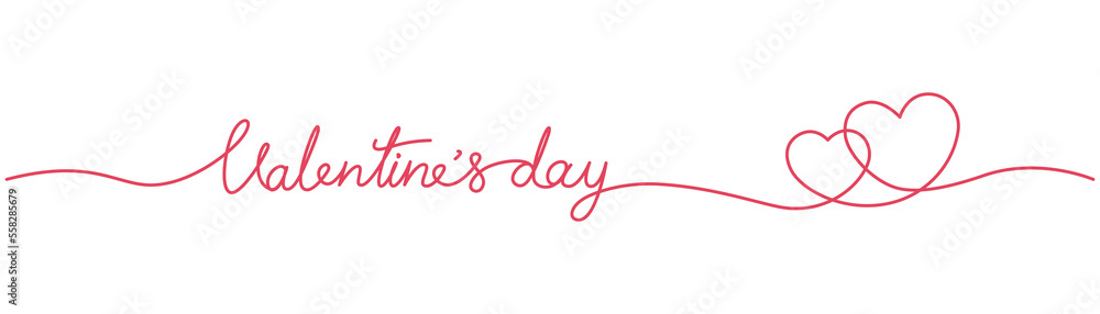 Happy Valentines day banner by lettering continuous single line with two hearts embrace red pink isolated on transparent background.