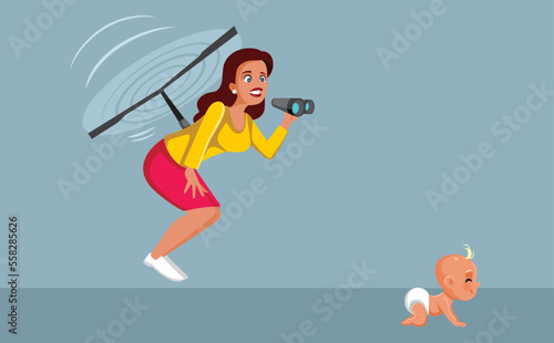 Helicopter Parent Supervising Baby Closely Vector Cartoon. Overprotective mom looking closely checking on every move
