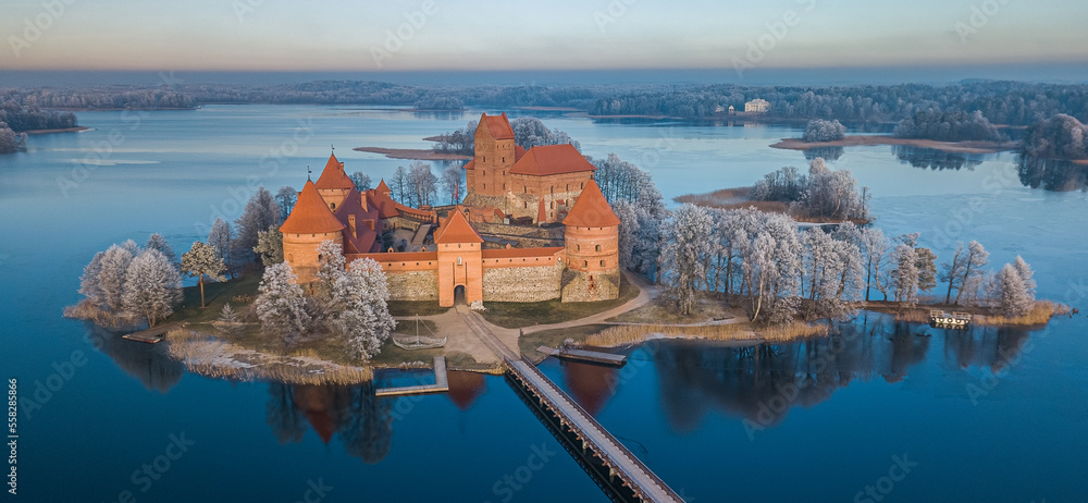 Fototapeta premium Trakai castle at winter, aerial view of the castle