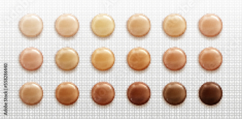 Beige to chocolate foundation or paint drops isolated on transparent background. Natural skin color undertones. Realistic vector illustration of glossy droplets with creamy texture. Cosmetics palette
