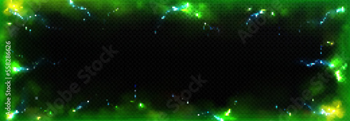 Empty frame decorated with neon green toxic smoke and lightning discharges isolated on transparent background. Realistic vector illustration of rectangular border glowing in darkness. Design element