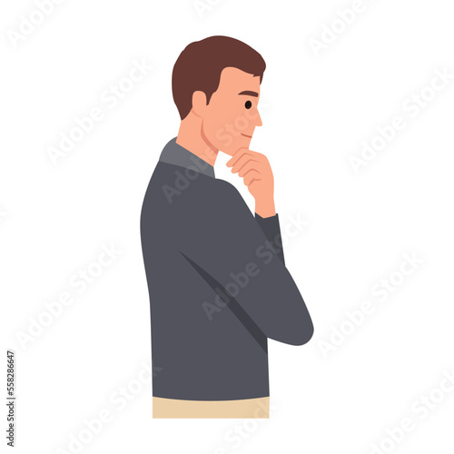 Young Business man standing and thinking. Flat vector illustration isolated on white background