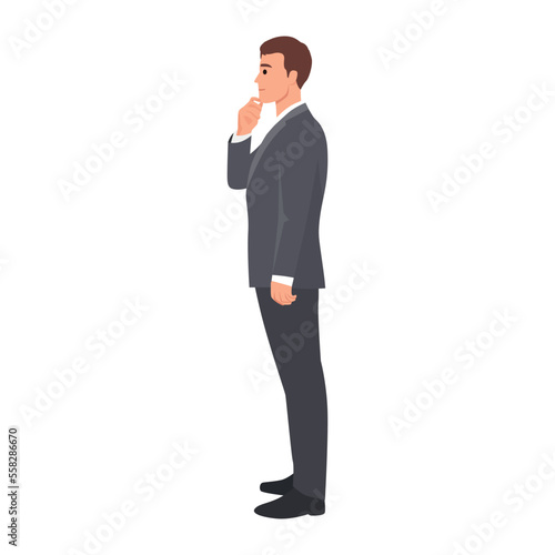 Young man standing on side view hand on chin while thinking about his business. Flat vector illustration isolated on white background