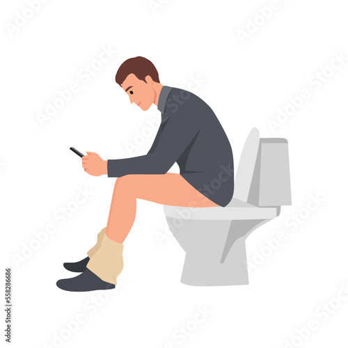 Young man sits on toilet bowl with phone in hand. Flat vector illustration isolated on white background