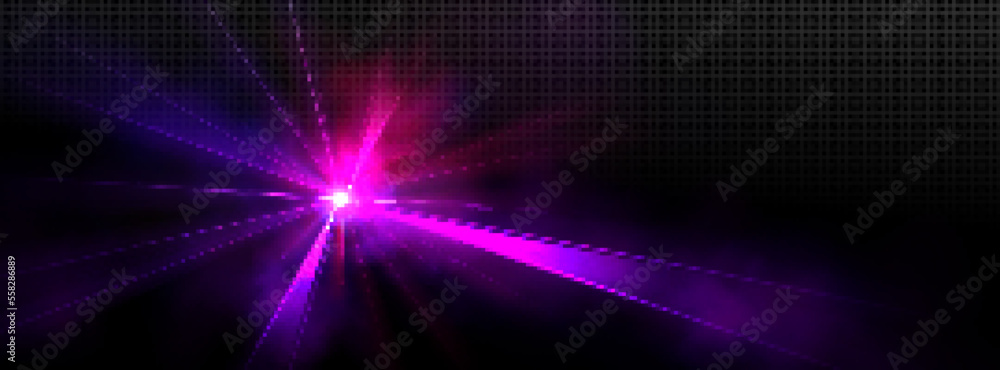Bright light spot with colorful beams shining in darkness and foggy effect. Realistic vector illustration of disco laser spotlight glowing with pink and purple rays on black transparent background Bright light spot with colorful beams shining in darkness and foggy effect. Realistic vector illustration of disco laser spotlight glowing with pink and purple rays on black transparent background