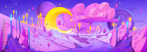 Fantasy pink planet surface. Cartoon vector illustration of magic space landscape with road and plants, yellow moon, fantastic stars, fluffy clouds on horizon. Dream galaxy game background design