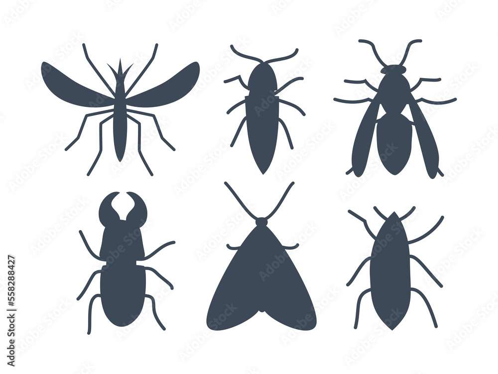 Black silhouettes of bugs vector illustrations set. Cartoon drawings of ...