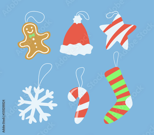 Christmas ornaments on strings vector illustrations set. Cartoon drawings of xmas toys in shape of gingerbread man, hat, star, snowflake isolated on blue background. Christmas, decoration concept