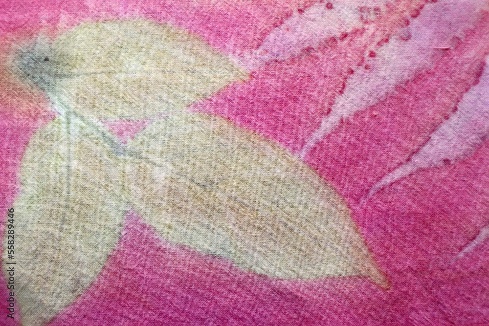 Texture background of natural yellow and white leaf from eco print process. Colorful Eco-printing on pink fabric.