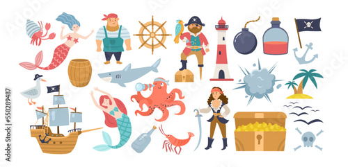 Comic sea adventures elements vector illustrations set. Drawings of pirate and mermaid characters, ship, lighthouse, treasure chest, island, flag on white background. Fairytale, adventure concept