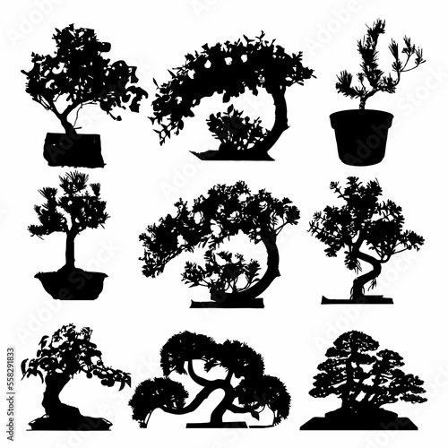 bonsai tree silhouette white background icon illustration set. Bundle