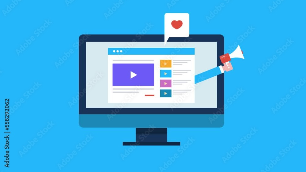 Video content website on pc screen with hand holding megaphone, social media promotion and digital marketing conceptual animation. Video content website on pc screen with hand holding megaphone, social media promotion and digital marketing conceptual animation.