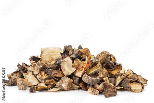 Pile of dried mushroom isolated on white background