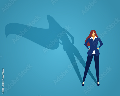 Businesswoman standing with superhero shadow, confident female. Vector of superhero businesswoman, woman power in business, success concept, standing character hero, strength leadership illustration