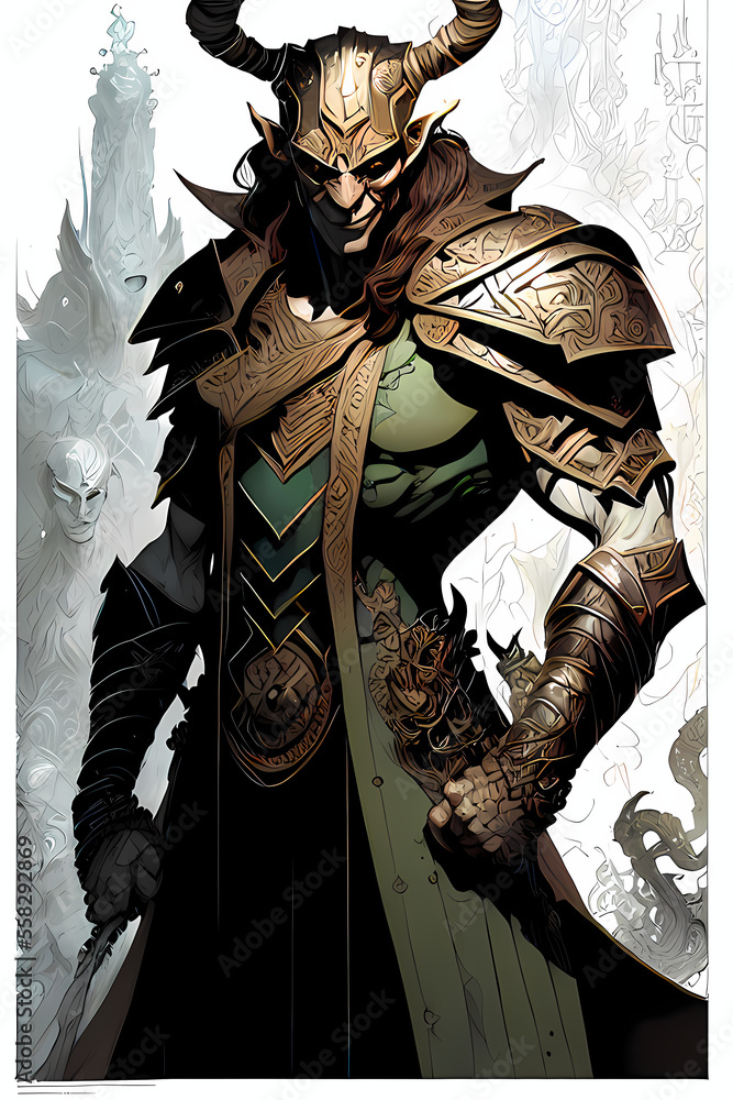 A fantasy board game card/colouring book page: Loki, Viking god of treachery and mischief. AI-generated - obrazy, fototapety, plakaty 