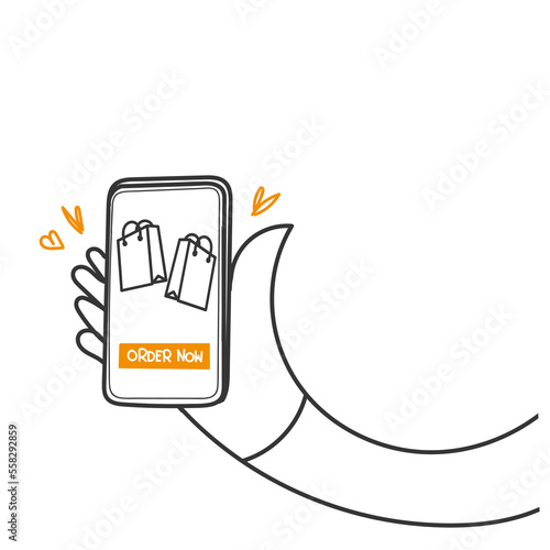 hand drawn doodle mobile phone with shopping bag symbol for order now Online shopping