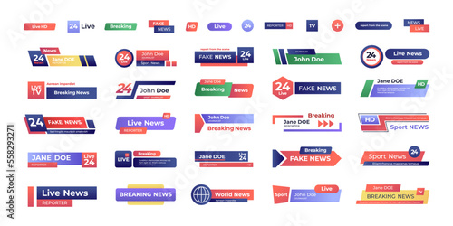 Breaking news banner. Set of tv titles and bars for video streaming broadcasting, television channels lower third header templates. Vector collection of tv breaking banner, bar broadcast illustration