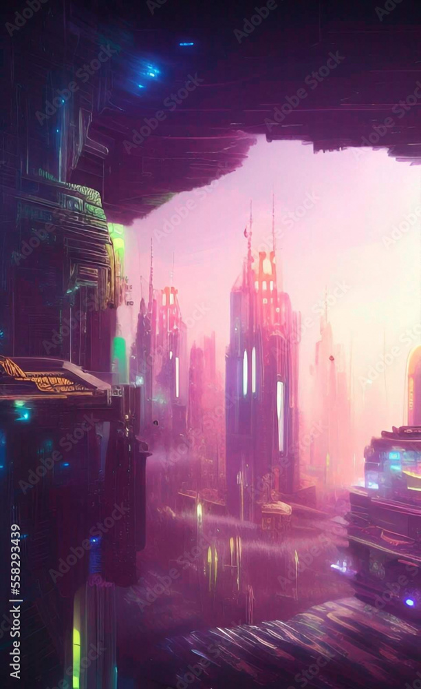 view of the futuristic city, urban landscape with buildings, towers and multicolored lights, concept illustration, generative ai, (these depiction is fictitious and generated)