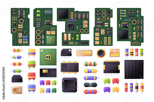 Semiconductor circuit boards. Hardware computer components microchip diodes motherboard microprocessor electronic equipment. Vector set of circuit and microchip for computer illustration