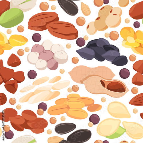 Seeds pattern. Seamless print of sunflower chia flax quinoa nut grains, colorful organic food background for wrapping paper. Vector texture of pattern seed background food illustration