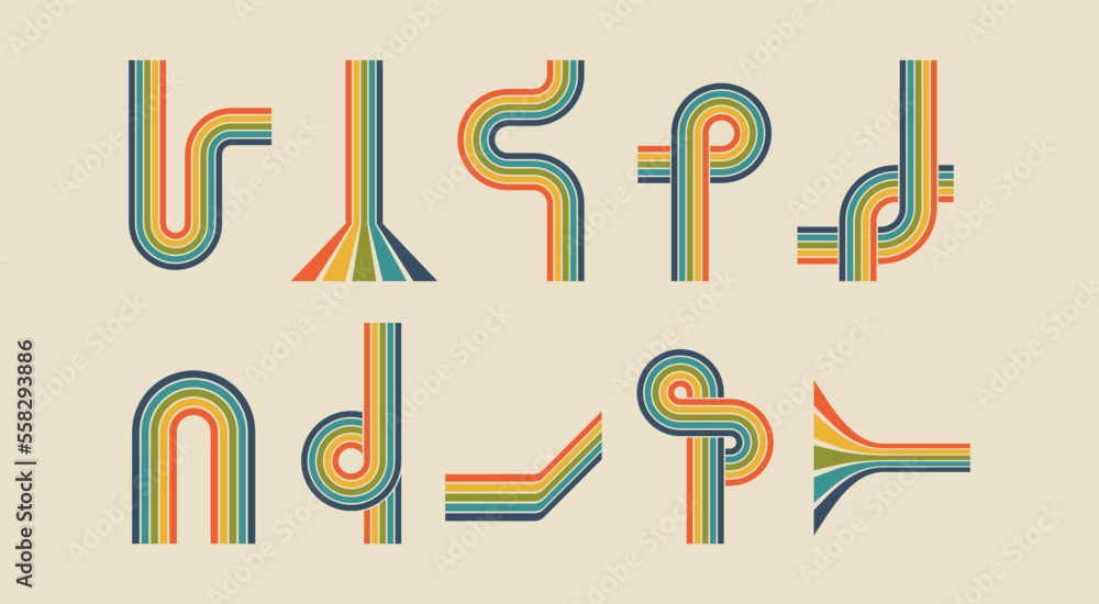 70s poster elements rainbow isolated of collection. Vector of rainbow curve and colorful, geometric 70s and 60s groovy illustration - obrazy, fototapety, plakaty 