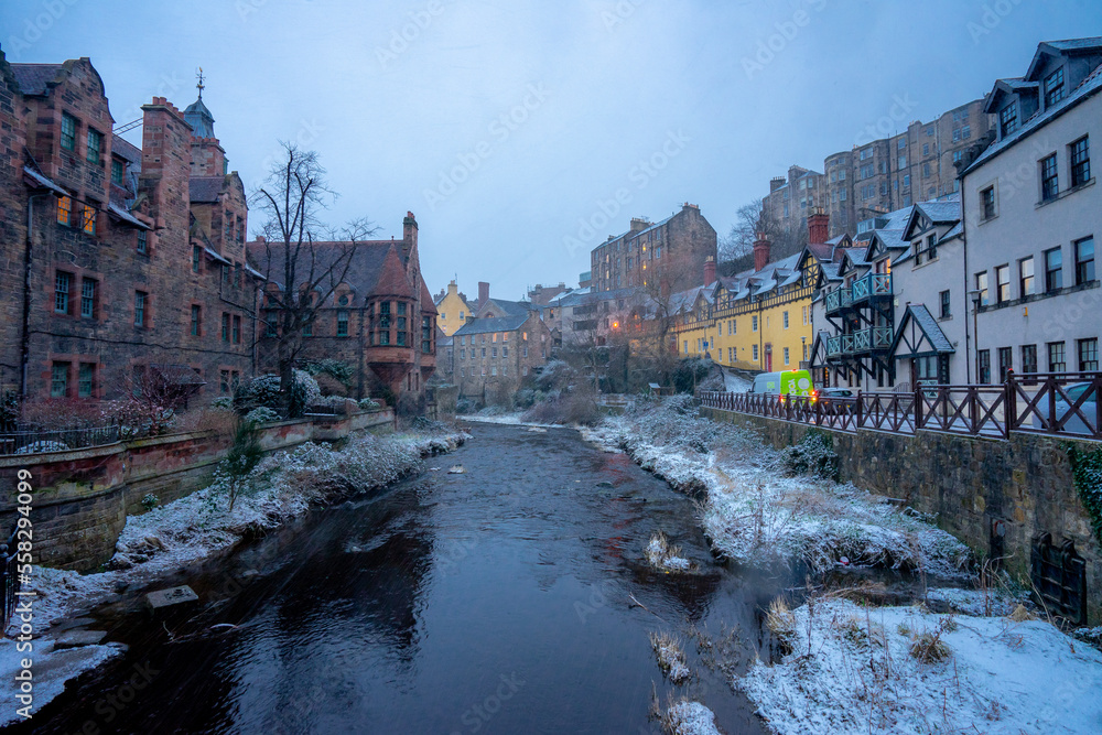 Dean Village , Beautiful villages in Edinburgh old towns during winter snow evening at Edinburgh , Scotland : 27 February 2018