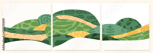 Abstract farm field collage square background. Agro land social media backdrop, farmland landscape vector illustration with texture. Oriental decorative set, eco design, green template, ecology art