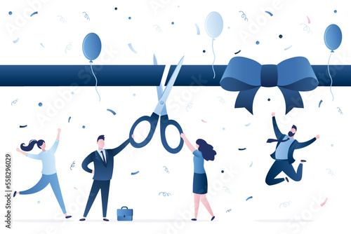 Ribbon cutting ceremony, entrepreneurs uses giant scissors. Business people starting business project, launching new product, grand opening event. Startup launching. Horizontal banner.