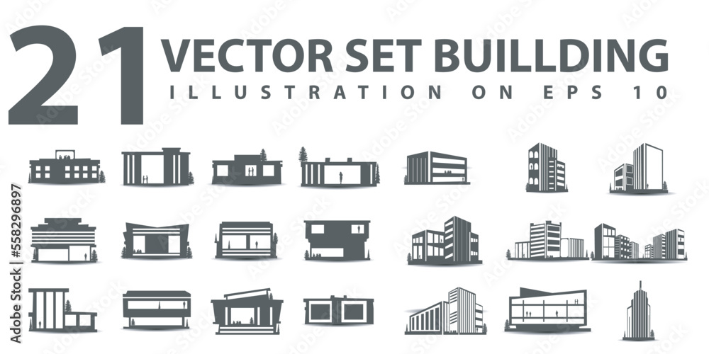 21 vector set of City silhouette in flat style. Modern urban landscape ...