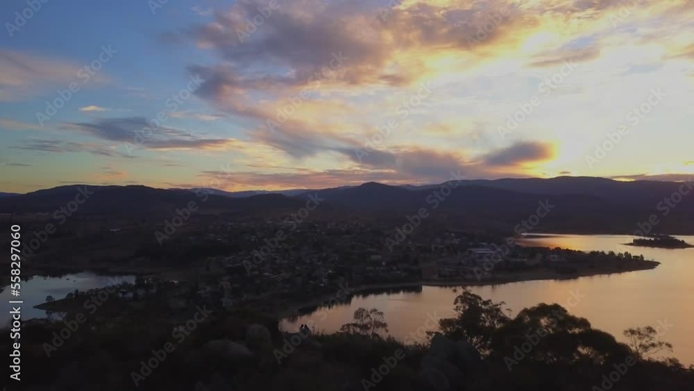 Jindabyne Sunset Australia Snowy Mountains at Lake Jindy Drone Jindabyne Sunset Australia Snowy Mountains at Lake Jindy Drone