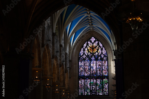 St Giles' Cathedral , Romanesque style Catholic church interior and stain glass window at the Royal Miles Street during winter in Edinburgh , Scotland : 28 February 2018