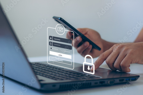 Login, User, cyber security in two-step verification, identification information security and encryption, Account Access app to sign in securely or receive verification codes by email or text message. photo