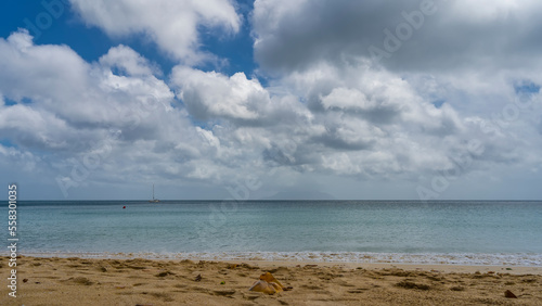 Serene tropical seascape. The turquoise ocean is calm. Silhouettes of yachts and islands are visible on the horizon. Clouds in the blue sky. Footprints and a fallen leaf on the sand of the beach
