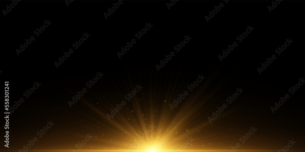 Golden backlight with rays and glowing particles. Sunlight effect. Vector illustration