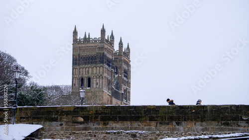 Beautiful Framwellgate Bridge over the River Wear with view of Durham Cathedral during winter snow morning in Durham , United Kingdom : 1 March 2018