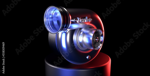 Turbocharger separate on dark red blue background 3D rendering