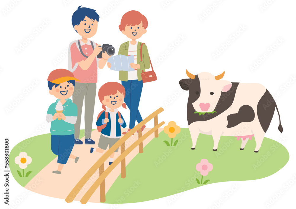牧場で観光をする家族のイラスト 牧場で観光をする家族のイラスト
