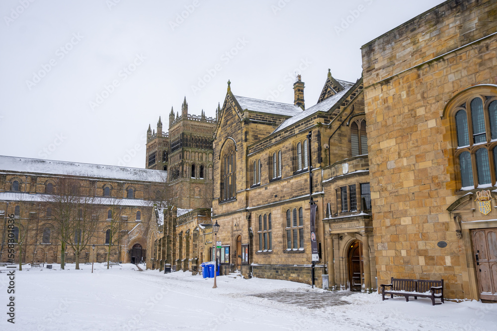 Classic view of Durham University Library and Museum of Archaeology near Durham Cathedral and Castle during winter snow morning at Durham , United Kingdom : 1 March 2018